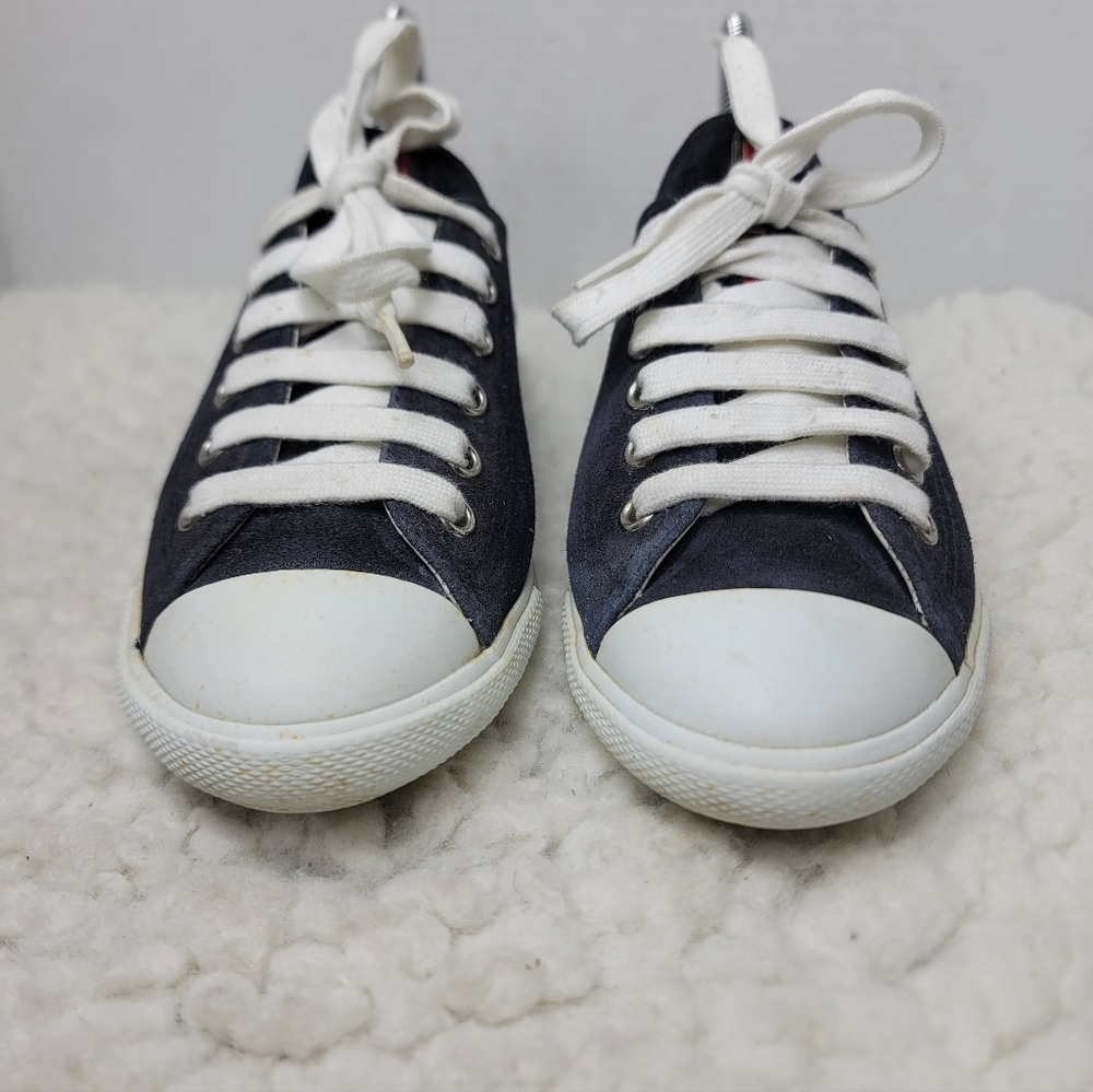 Prada Milano Women’s EU 36.5 Navy Suede Low Top Sneakers White Rubber Toe Italy - Picture 2 of 12